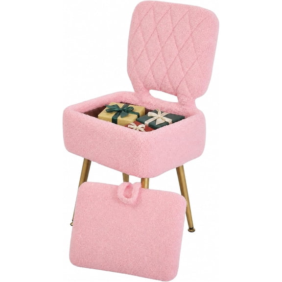 Mteryoing Modern Upholstered Vanity Stool with Hidden Storage and Collapsible Backrest, Compact Sherpa Makeup Seat Ottoman for Bedroom Dressing Table, White/Pink