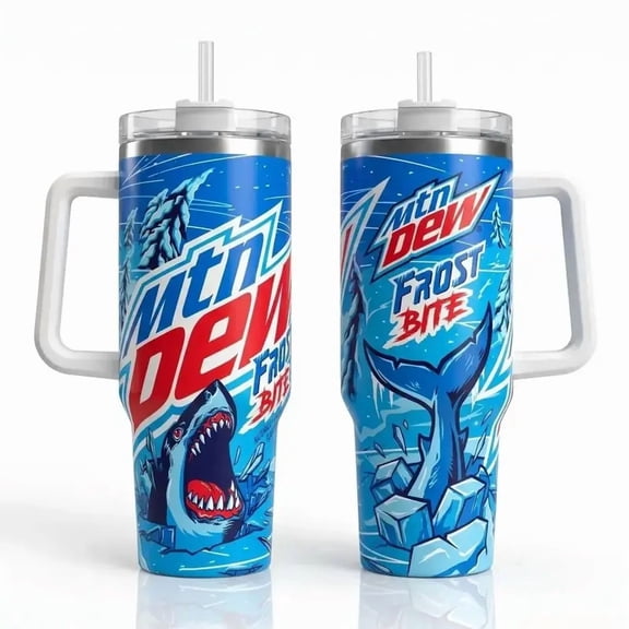 Mtn Dew Frost Bite 40oz Tumbler with Straw, Retro Blue Shark Graphic Travel Mug, Stainless Steel Insulated Cup