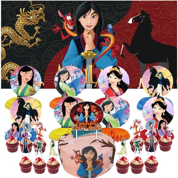 Mu Lan Princess Party Decorations Banner Decor Supplies Honeycomb Centerpieces Table Toppers Cake Toppers for Birthday Photo Props