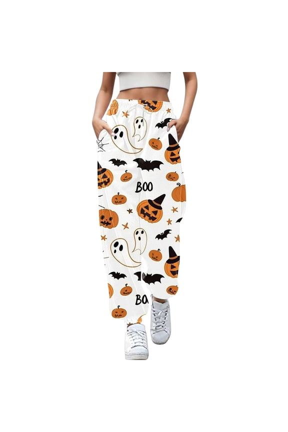 Halloween Clothes For Women Casual Pants High Waist Drawstring Joggers Sweatpants With Pockets Halloween Print Relaxed Fit For Autumn Winter Everyday Wear (Orange,M)