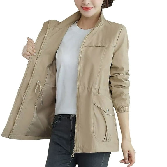 MuXi Women's Fashion Long Sleeve Windbreaker Casual Zipper Jacket Mid Length Solid Color Outerwear Anorak Coat (Khaki,XL)