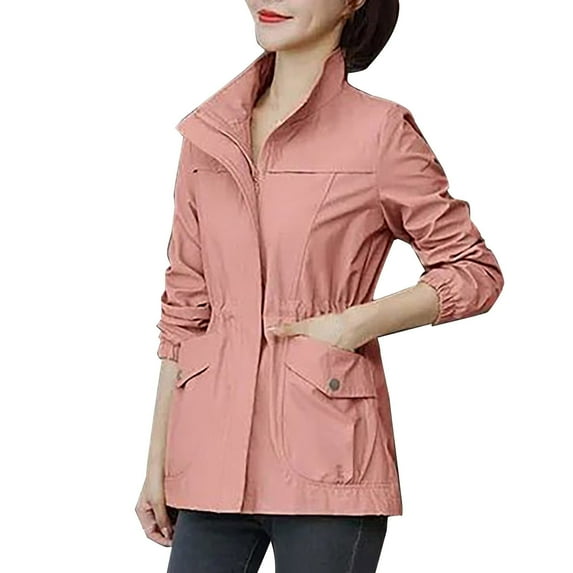 MuXi Women's Fashion Long Sleeve Windbreaker Casual Zipper Jacket Mid Length Solid Color Outerwear Anorak Coat (Pink,M)