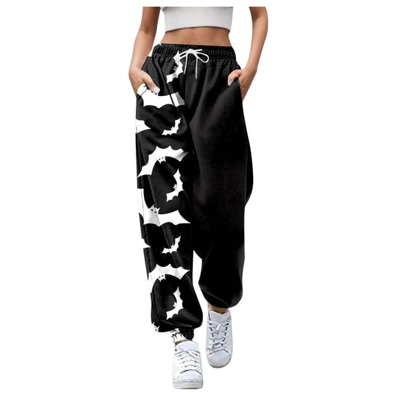 MuXi Women's Halloween Joggers With Pockets Cartoon Print Casual Pants Comfortable Stretchy Soft Trousers For Lady Fashion Stylish Everyday Wear (Black,XL)