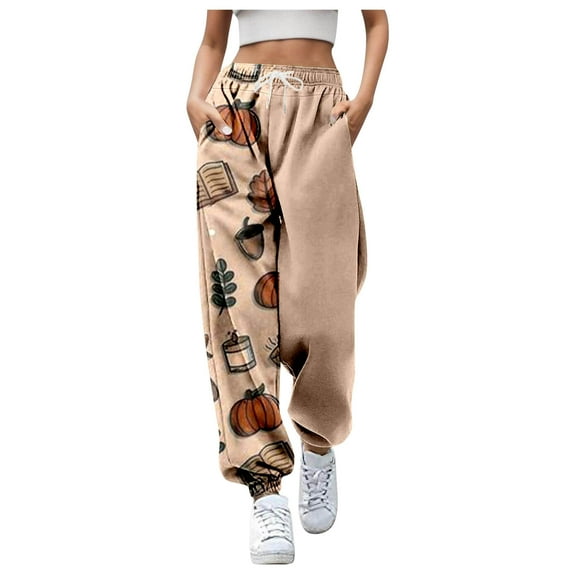 MuXi Women's Halloween Joggers With Pockets Cartoon Print Casual Pants Comfortable Stretchy Soft Trousers For Lady Fashion Stylish Everyday Wear (Khaki,XXL)