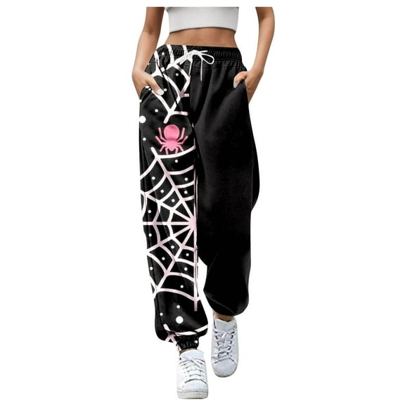 MuXi Women's Halloween Joggers With Pockets Cartoon Print Casual Pants Comfortable Stretchy Soft Trousers For Lady Fashion Stylish Everyday Wear (Pink,S)