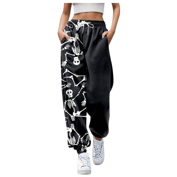 MuXi Women's Halloween Joggers With Pockets Cartoon Print Casual Pants Comfortable Stylish Trousers Soft Stretch Elastic Waist Design (Black,M)