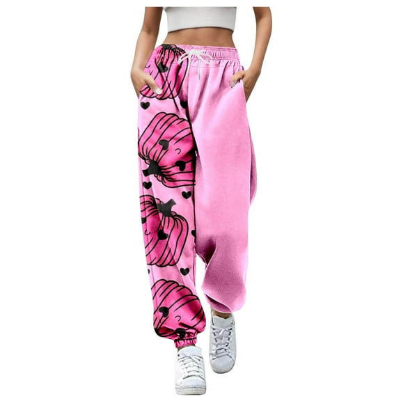MuXi Women's Halloween Joggers With Pockets Cartoon Print Casual Pants Comfortable Stylish Trousers Soft Stretch Elastic Waist Design (Pink,M)