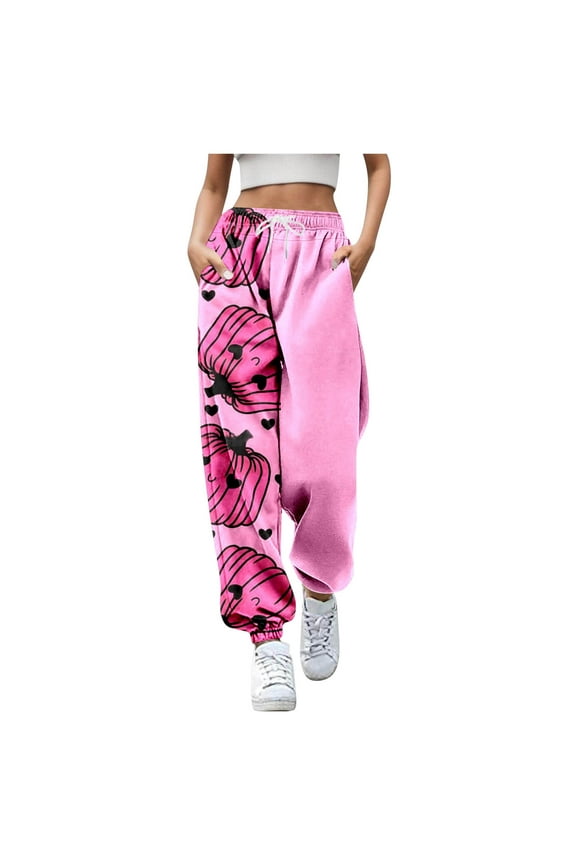 Women's Halloween Joggers With Pockets Cartoon Print Casual Pants Comfortable Stylish Trousers Soft Stretch Elastic Waist Design (Pink,M)