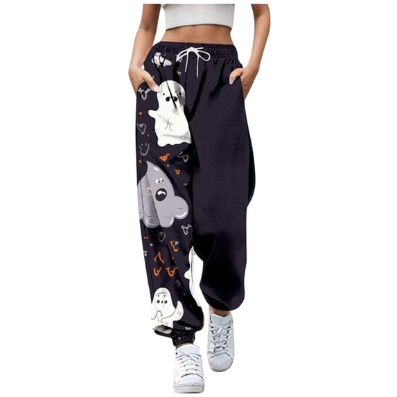 MuXi Women's Halloween Sweat Pants Fashion Trousers High Waist Jogger Sweatpants With Pockets Gym Athletic Fit Halloween Pumpkin Print Comfortable Bottom (Black,XXL)