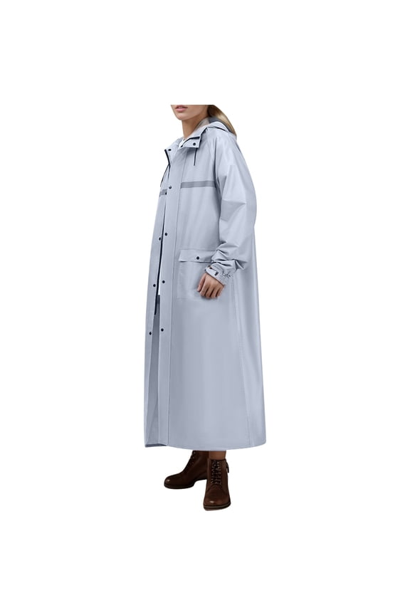 Women's Long Raincoat with Detachable Hood Heavy Duty Double Layered Full Body Rain Suit for Outdoor Hiking All Weather Unisex Anorak (Light Gray,XXL)