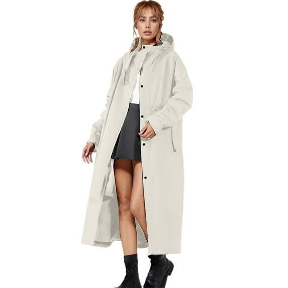 MuXi Women's Long Raincoat Hooded Windproof Anorak for Outdoor Camping Hiking Work Commuting Travel (Beige,L)