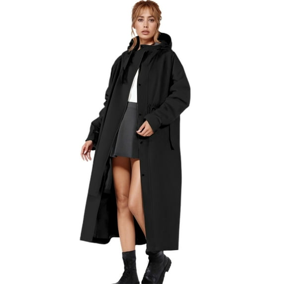 MuXi Women's Long Raincoat Hooded Windproof Anorak for Outdoor Camping Hiking Work Commuting Travel (Black,XL)