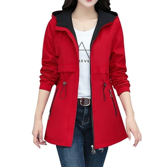 MuXi Women's Long Sleeve Reversible Windbreaker Jacket Fashion Solid Color Coat with Zipper Lapel Hood Casual Outerwear Anorak (Red,M)