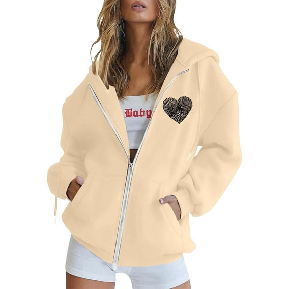 MuXi Women's Zip Up Hoodie Long Sleeve Casual Pullover Winter Warm Sweatshirt with Drawstring Pocket Print Design (Beige,S)