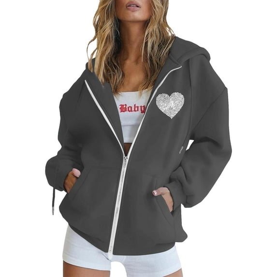 MuXi Women's Zip Up Hoodie Long Sleeve Casual Pullover Winter Warm Sweatshirt with Drawstring Pocket Print Design (Grey,XL)