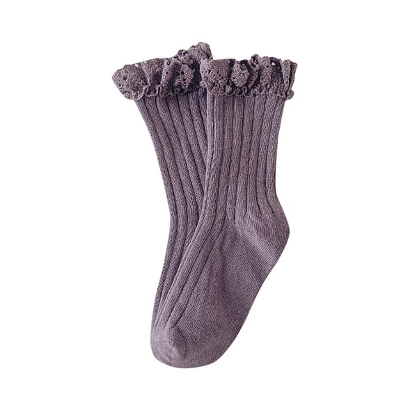 MuXiKeJi Baby Girls Mid Thigh Socks Lace Trimmed Solid Color Double Needle Knitted Children's Crew Socks for Autumn Spring Season