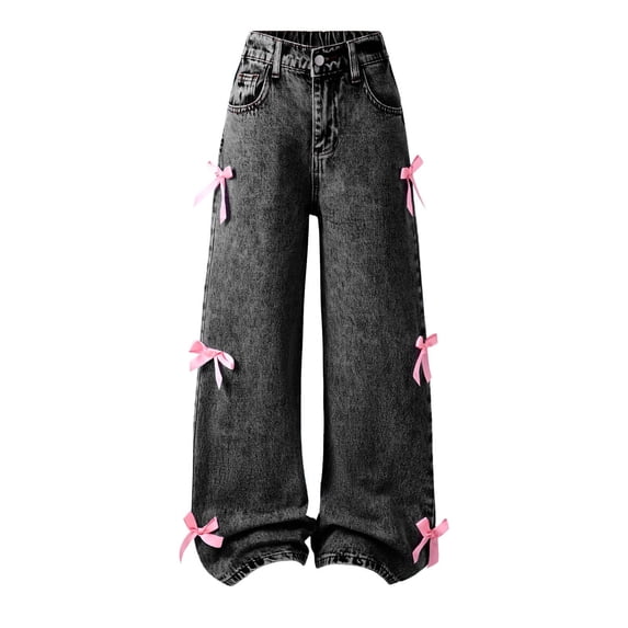 MuXiKeJi Bow Jeans for Girls Cute High Waisted Trousers Kids Casual Y2k Streetwear Wide Leg Baggy Denim Pants with Pockets 6-14Y