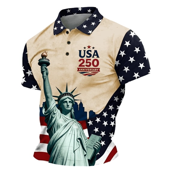 MuXiKeJi Clothes 250 Anniversary USA Shirt, Men's 250 Year American National Flag Shirt Print Casual Waffle Fabric Polo Shirt Patriotic Shirts