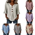 thumbnail image 1 of MuXiKeJi Clothes 3/4 Length Sleeve Womens Tops Cotton Linen Boho Blouses Floral V Neck Shirts Summer Beach Casual Top, 1 of 5