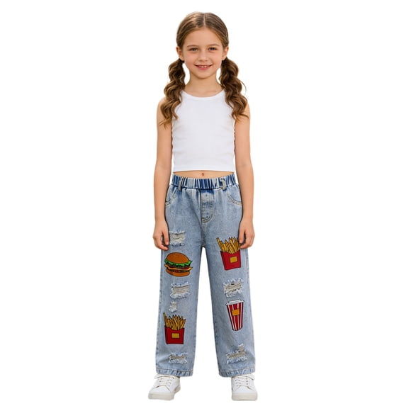 MuXiKeJi Clothes Baggy Jeans for Girls Burger Fries Graphic Distressed Denim Jeans Loose Straight Wide Leg Play Friendly Bottoms Girls Wide Leg Jeans