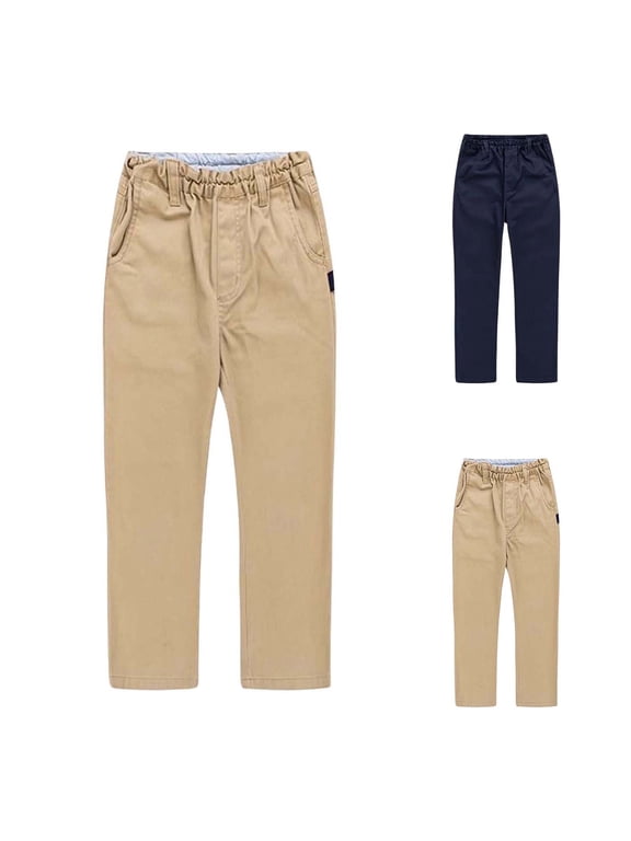 Boys Stretch Pull on Relaxed Straight Chino Pants School Uniform Elastic Waisted Classic Dress Trousers with Pockets
