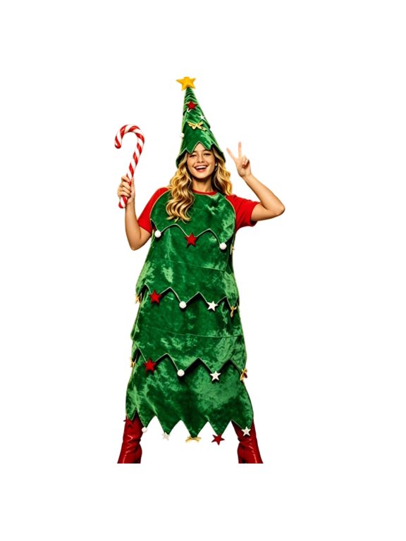 Christmas Tree Costume for Adult Women Men Tinsel Trim Plush Ball Tree Cosplay Suit for Christmas Party
