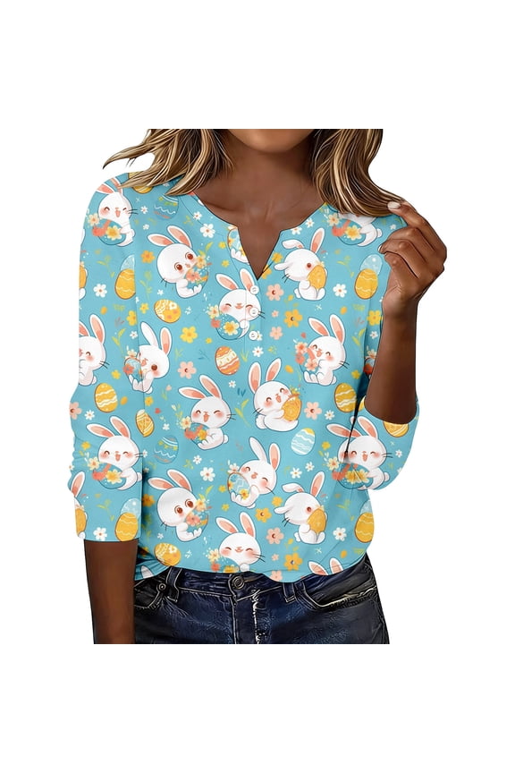 Easter Day 3/4 Sleeve Shirts for Women Cute Easter Graphic Tee Colorful Spring Casual Blouses Tops