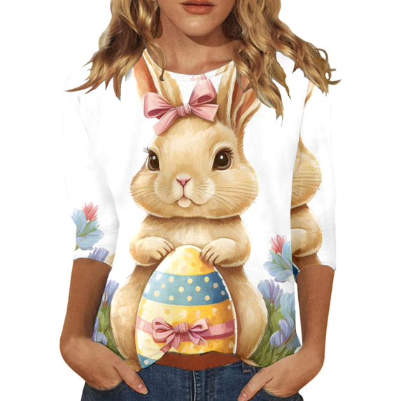 MuXiKeJi Clothes Easter Shirts Womens Happy Easter Rabbit Tops Egg 3/4 Sleeve Tee Tops Going Out Summer Outfits