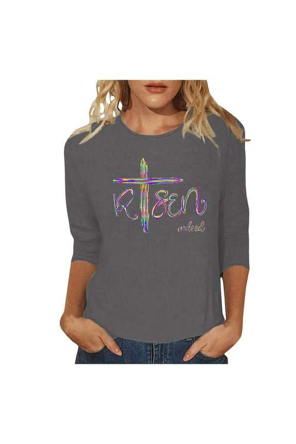 Easter Shirts for Womens Easter Day Cartoon Rabbit 3/4 Sleeve Pullover Tops Clothes for Womens