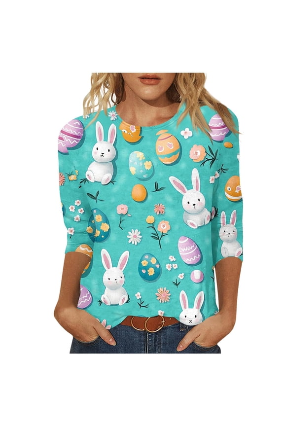 Easter Shirts for Womens Easter's Day Bunny Eggs Hunts 3/4 Sleeve Summer T-Shirts Tunic Blouse Outfits for Women
