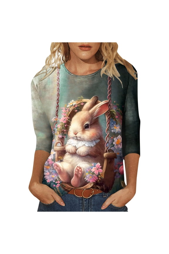 Easter Shirts for Womens Easter's Day Rabbit Print 3/4 Sleeve Sports T-Shirt Clothes for Womens