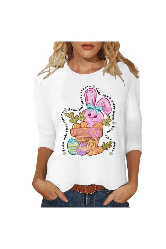 Easter T Shirts for Womens Easter's Day Bunny 3/4 Sleeve Funny Tees Going Out Summer Outfits