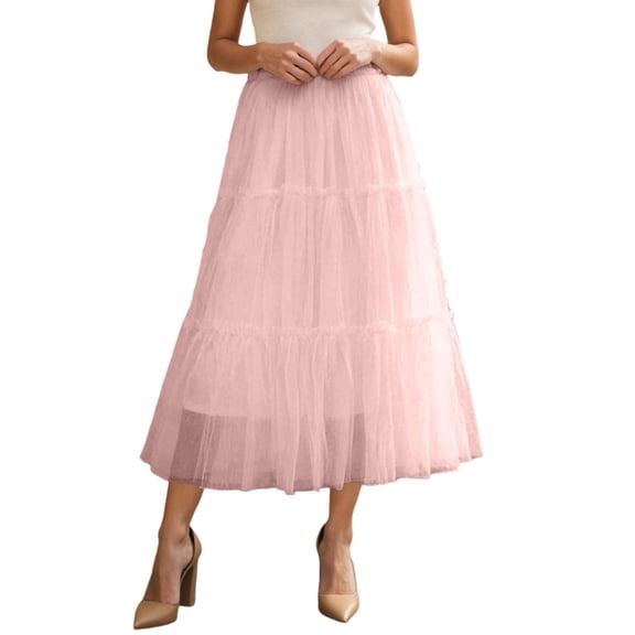 MuXiKeJi Clothes Elegant Layered A-Line Midi Skirt with Pleated Hem Flowy Casual Party Dress