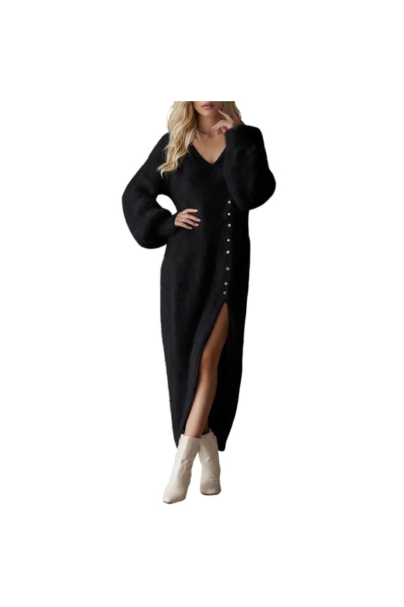 Elegant Relaxed Fit Button Decorated Side Slit Dress for Women Effortless Casual Everyday Wear