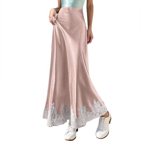 MuXiKeJi Clothes Elegant Satin Midi Skirt Featuring Allover Lace Trim High Waist Bodycon Flowy Draped Ladies Fashion