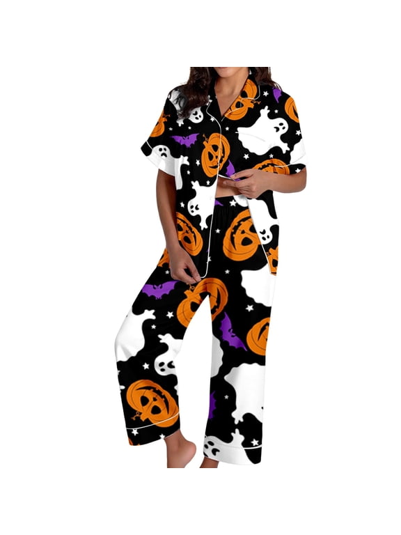 Family Matching Halloween Satin Pajama Set, Classic Button Down Long Sleeve Design, Smooth Glossy Fabric Holiday Home Loungewear Women Satin Sleep Set
