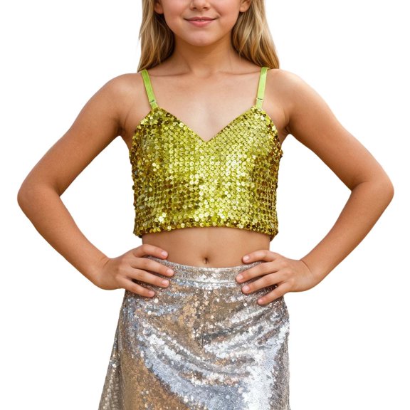 MuXiKeJi Clothes Girls Carnival Adjustable Elastic Band Sequined Belly Top For Kids Age 5 And Up