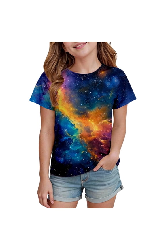 Girls Celestial Star Print Short Sleeve Round Neck T-Shirt For Casual Everyday Play And Comfort