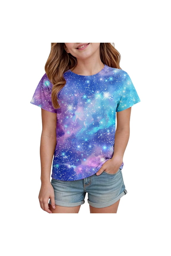 Girls Celestial Star Print Short Sleeve T-Shirt Casual Round Neck Everyday Play Tee