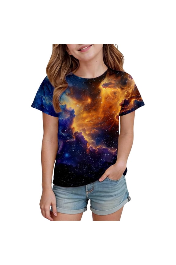 Girls Celestial Star Print Short Sleeve T-Shirt Casual Round Neck Everyday Play Tee