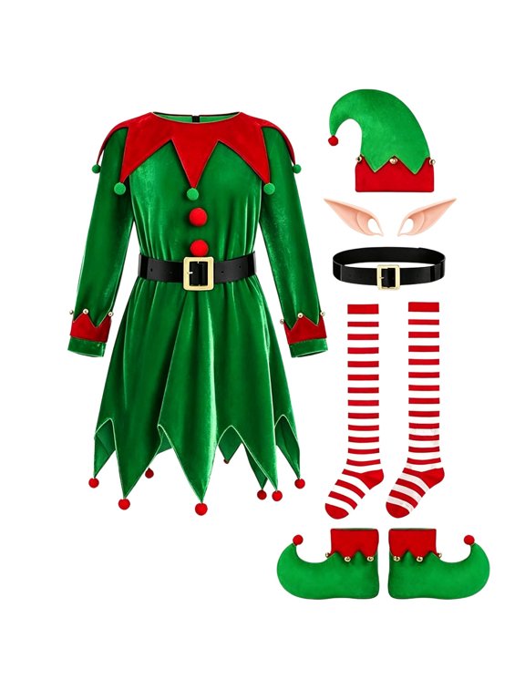 Girls Christmas Elf Costume 6 Piece Set Green Elegant Outfit | Kids Festive Costume For Xmas Party And School Pageant Performances