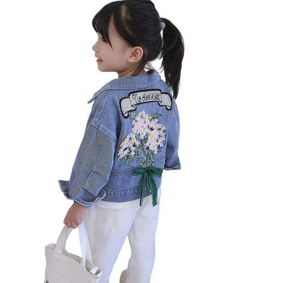 MuXiKeJi Clothes Girls Denim Jacket With Embroidered Collar Casual Loose Fit Outerwear For Toddlers Kids Spring Fall Fashion
