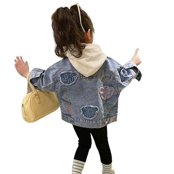 MuXiKeJi Clothes Girls Denim Jacket With Embroidered Collar Casual Loose Fit Outerwear For Toddlers Kids Spring Fall Fashion