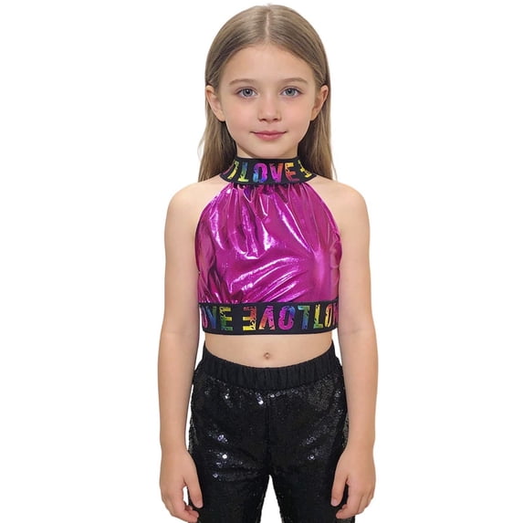 MuXiKeJi Clothes Girls Glitter Letter Off Shoulder Crop Top Sleeveless Performance Shirt For Dance Party Stage Wear