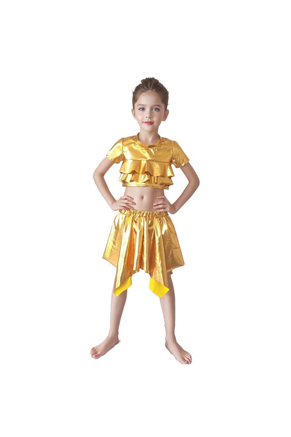 Girls Glossy Performance Short Sleeve Tee Top For Stage Dance Party And Everyday Casual Wear