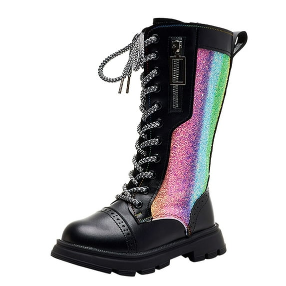 MuXiKeJi Clothes Girls Lace Up Riding Boots Mid Calf Combat Boots PU Leather Side Zipper Punk Goth Boot 4-11 Years