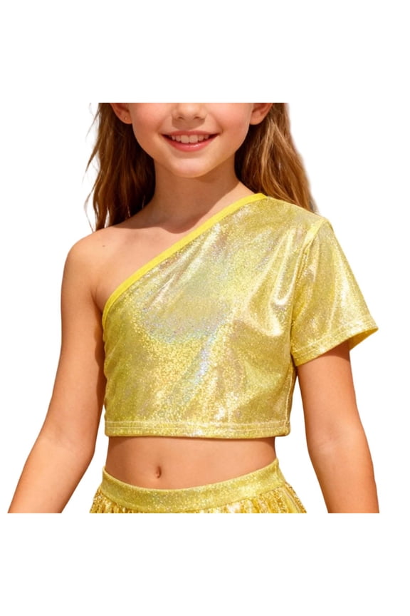 Girls Off Shoulder Cropped Casual Tee Micro Print Fashion Top For Dance Party And Playful Wear Classic Style