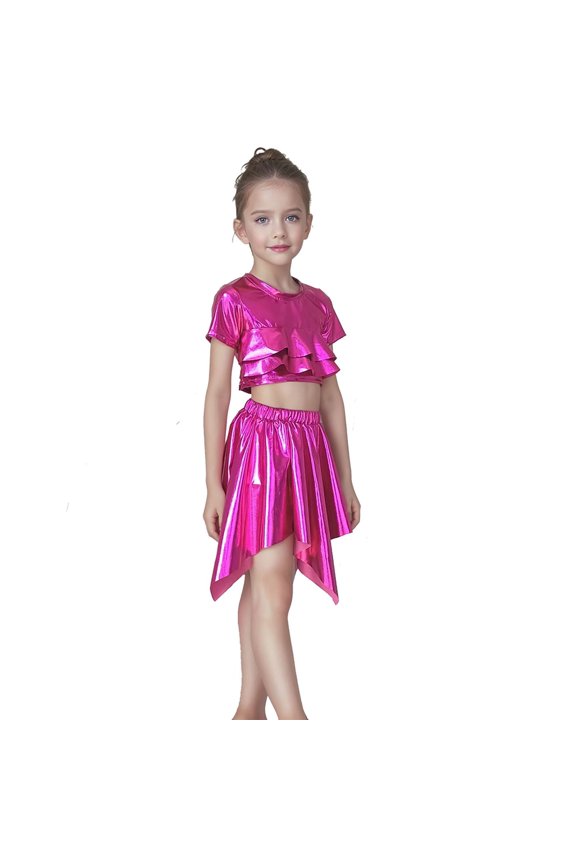 Girls Performance Shiny Short Sleeve Tee Top For Stage Dance Party And Casual Wear