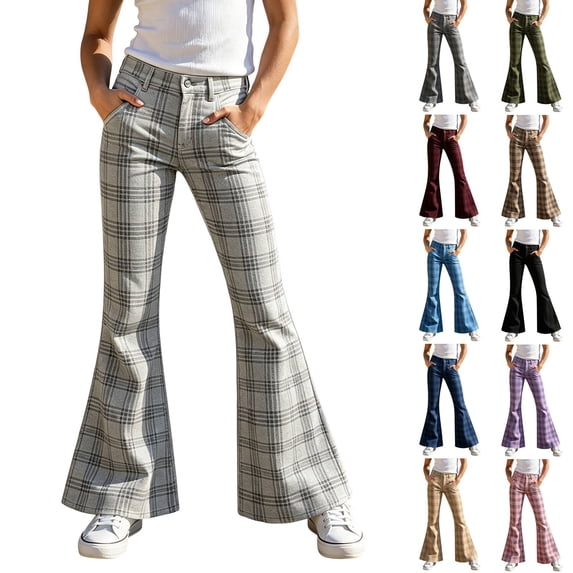 MuXiKeJi Clothes Girls Plaid Flare Pants High Waist Relax Fit Active Dance Bell Bottoms with Pockets School Uniform Pants for Kids 11-12 Years