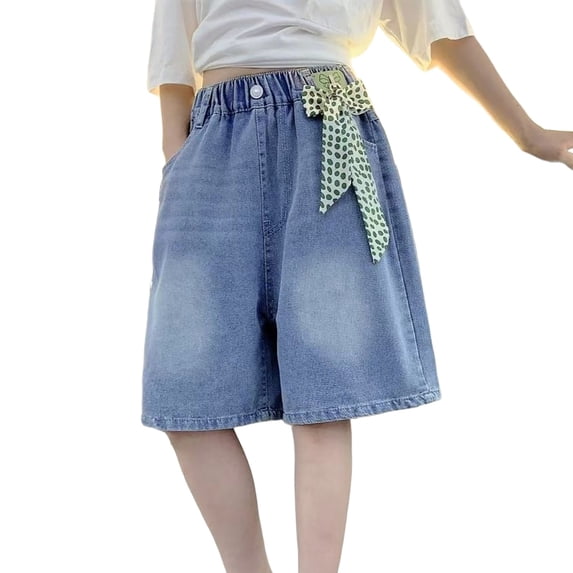 MuXiKeJi Clothes Girls Ripped Jean Shorts Cute High Waist Raw Hem Straight Leg Denim Shorts with Pockets